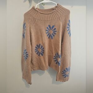 Beige Floral Knit Sweater with Blue Flower Motif